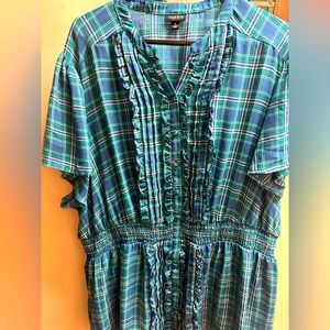 Torrid dress shirt, button and ruffle detail, used lightly.